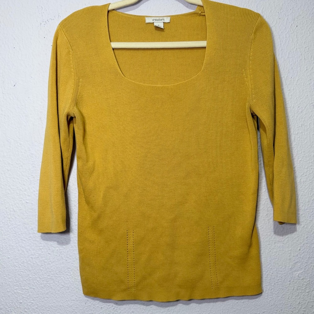 Dressbarn Mustard Yellow Square Neck Ribbed Knit 3/4 Sleeve Sweater Medium